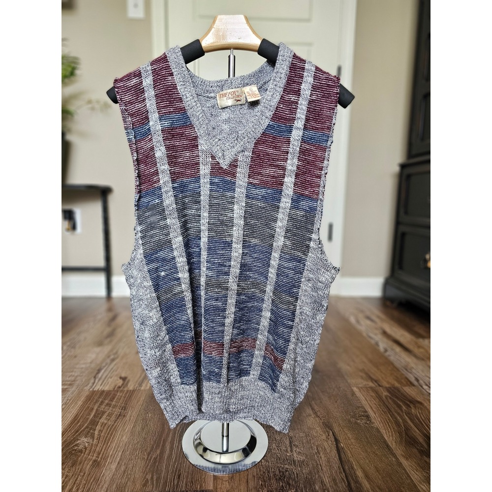 Vintage The Fox Collection Mens Large V-Neck Sweater Vest Grey Plaid Wool Blend